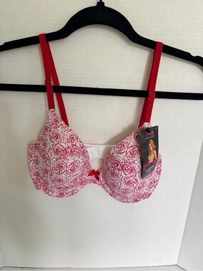 NWT Maidenform White Bra with Red Floral Print and Red Straps